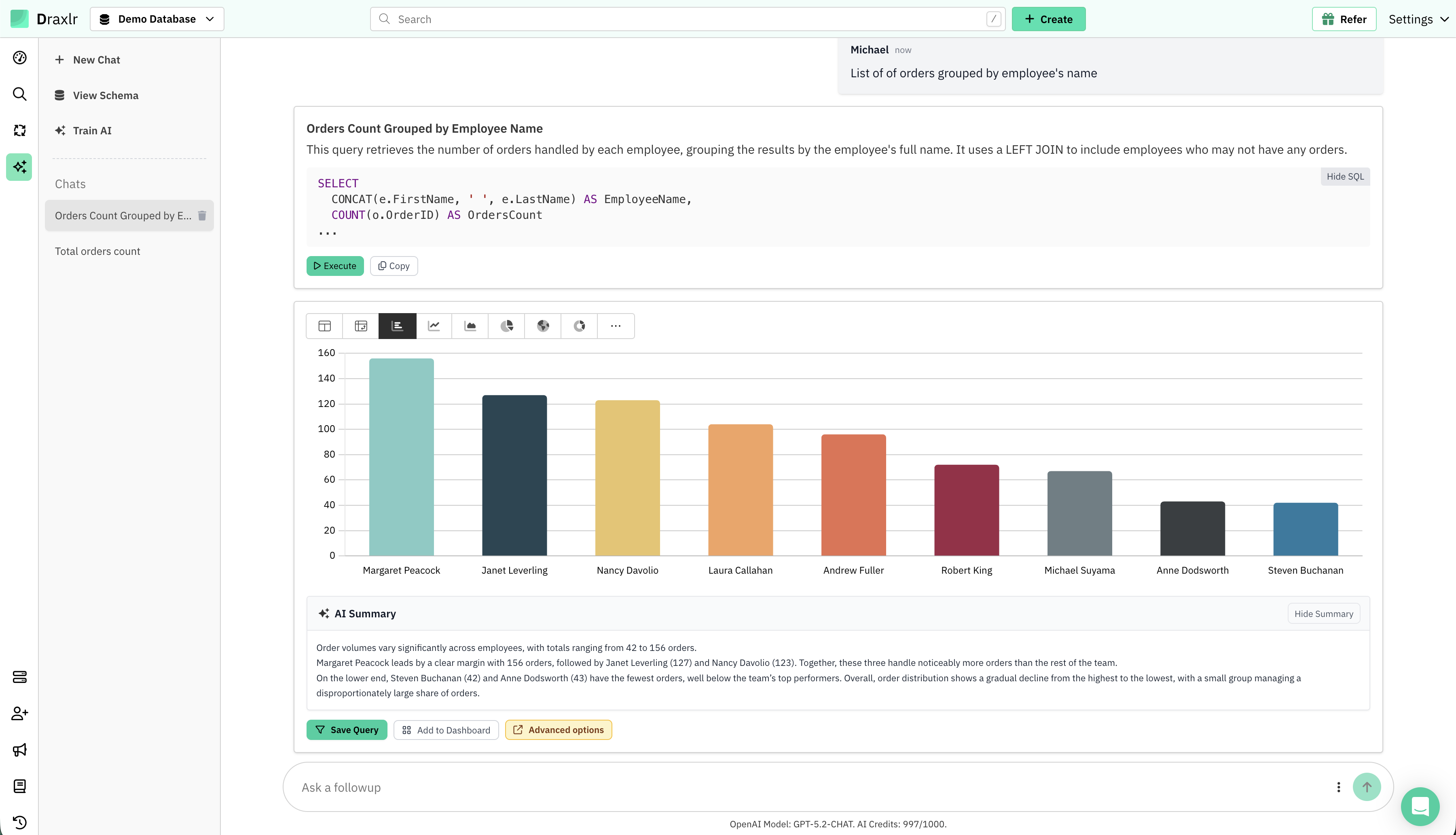 Draxlr AI Chat generating SQL and a chart from a plain-English question