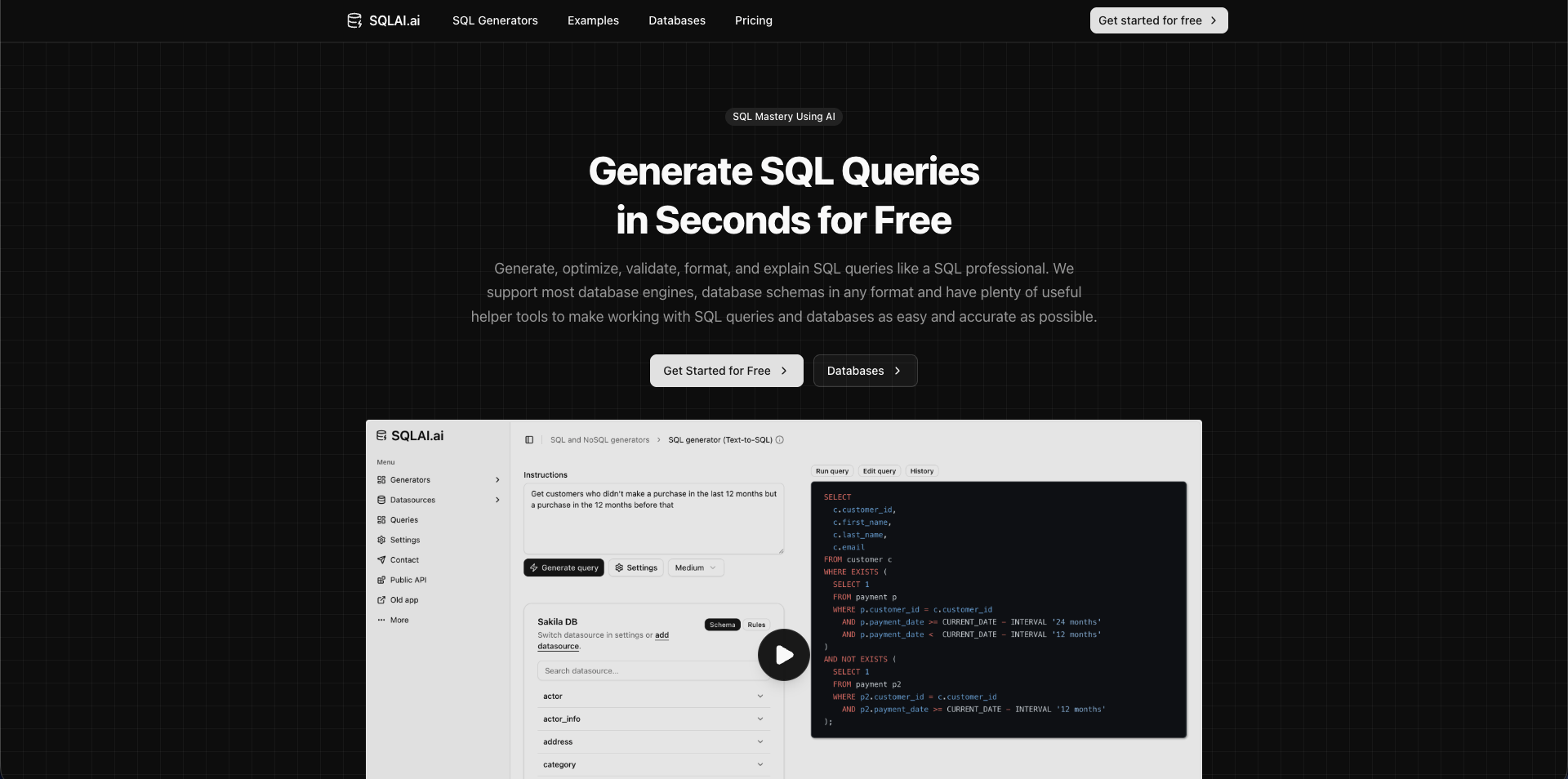 SQLAI.ai assistant generating a schema-aware SQL query