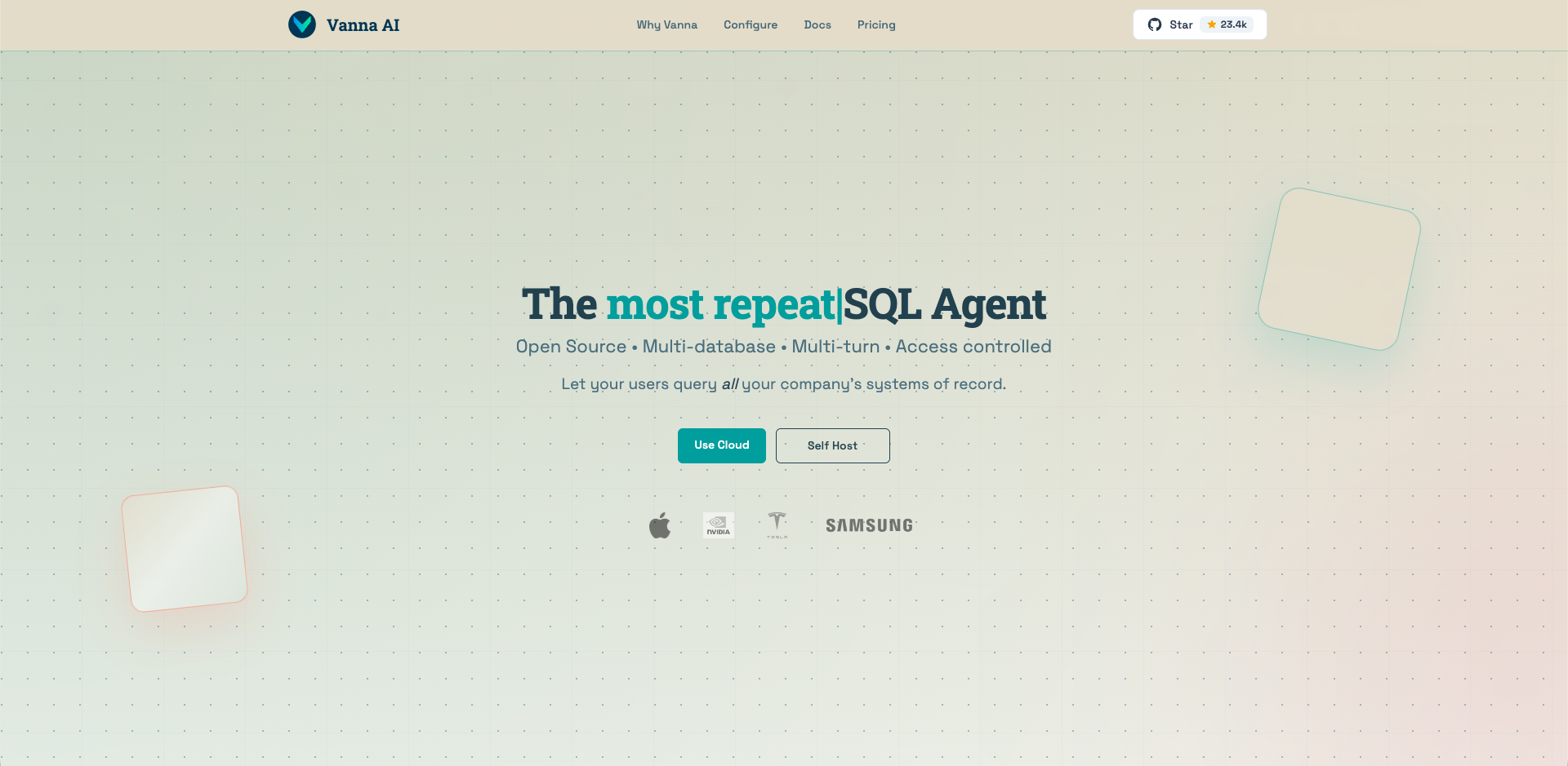 Vanna AI homepage — open-source SQL agent with multi-database, multi-turn, access-controlled querying
