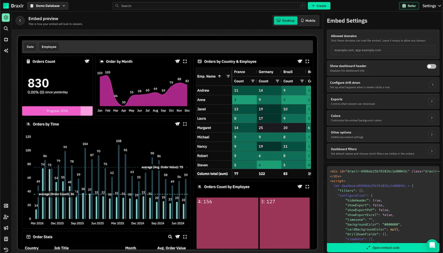 Draxlr embed preview showing a dashboard with filters next to the embed settings panel