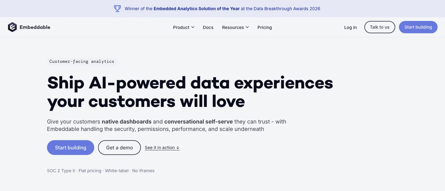Embeddable customer-facing analytics homepage