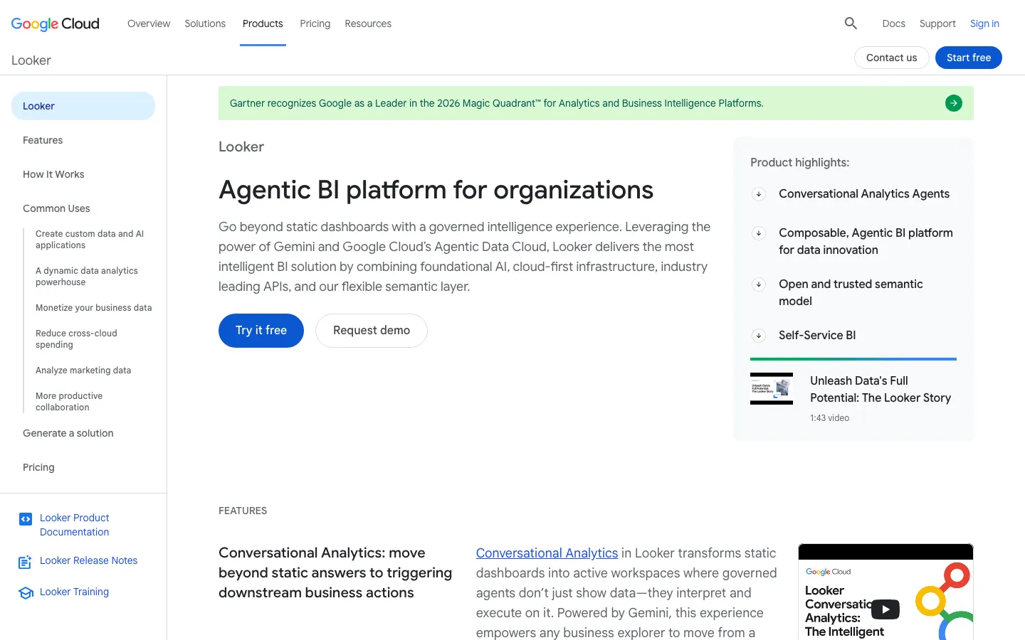 Looker product page on Google Cloud