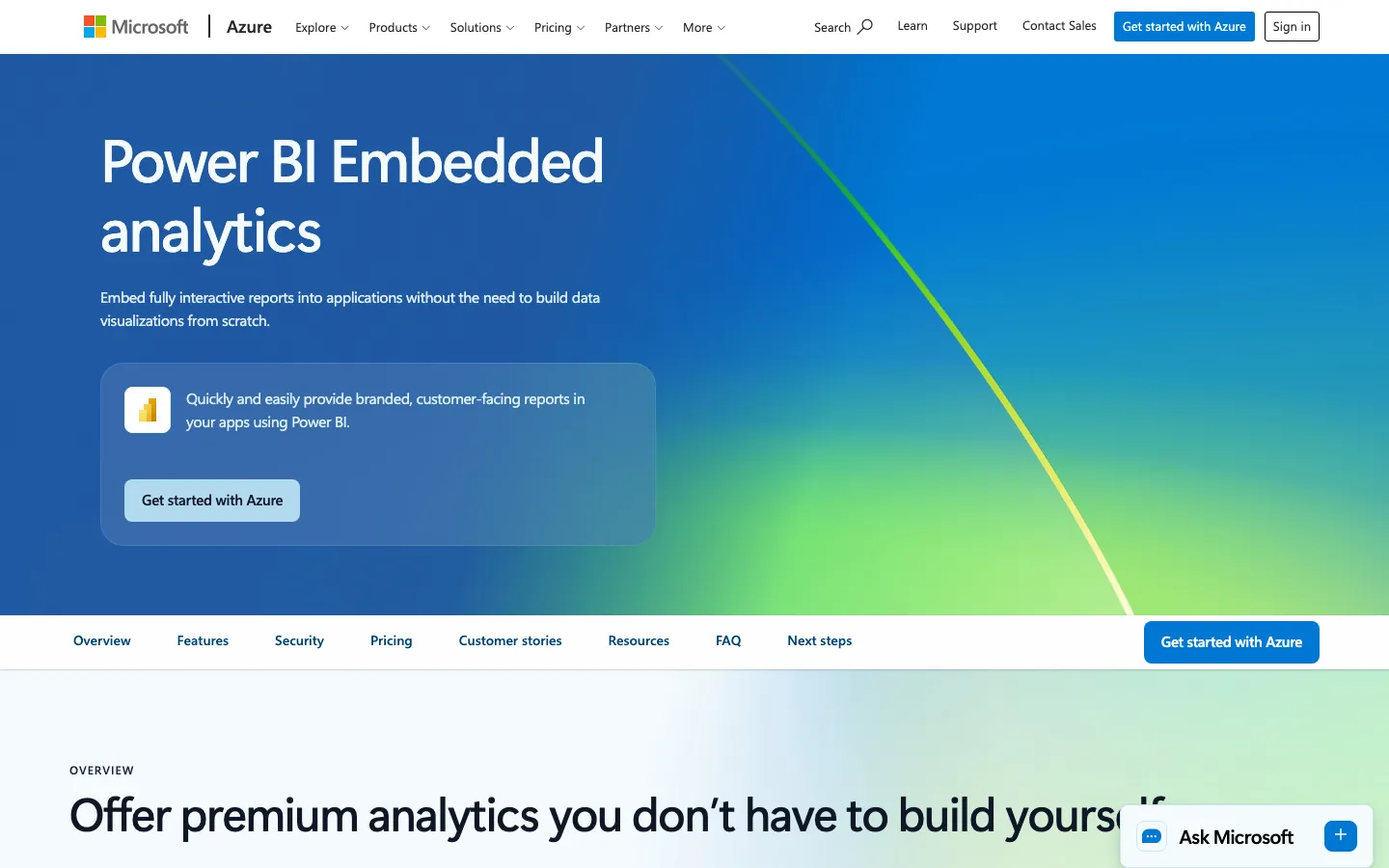 Power BI Embedded product page on Microsoft Azure