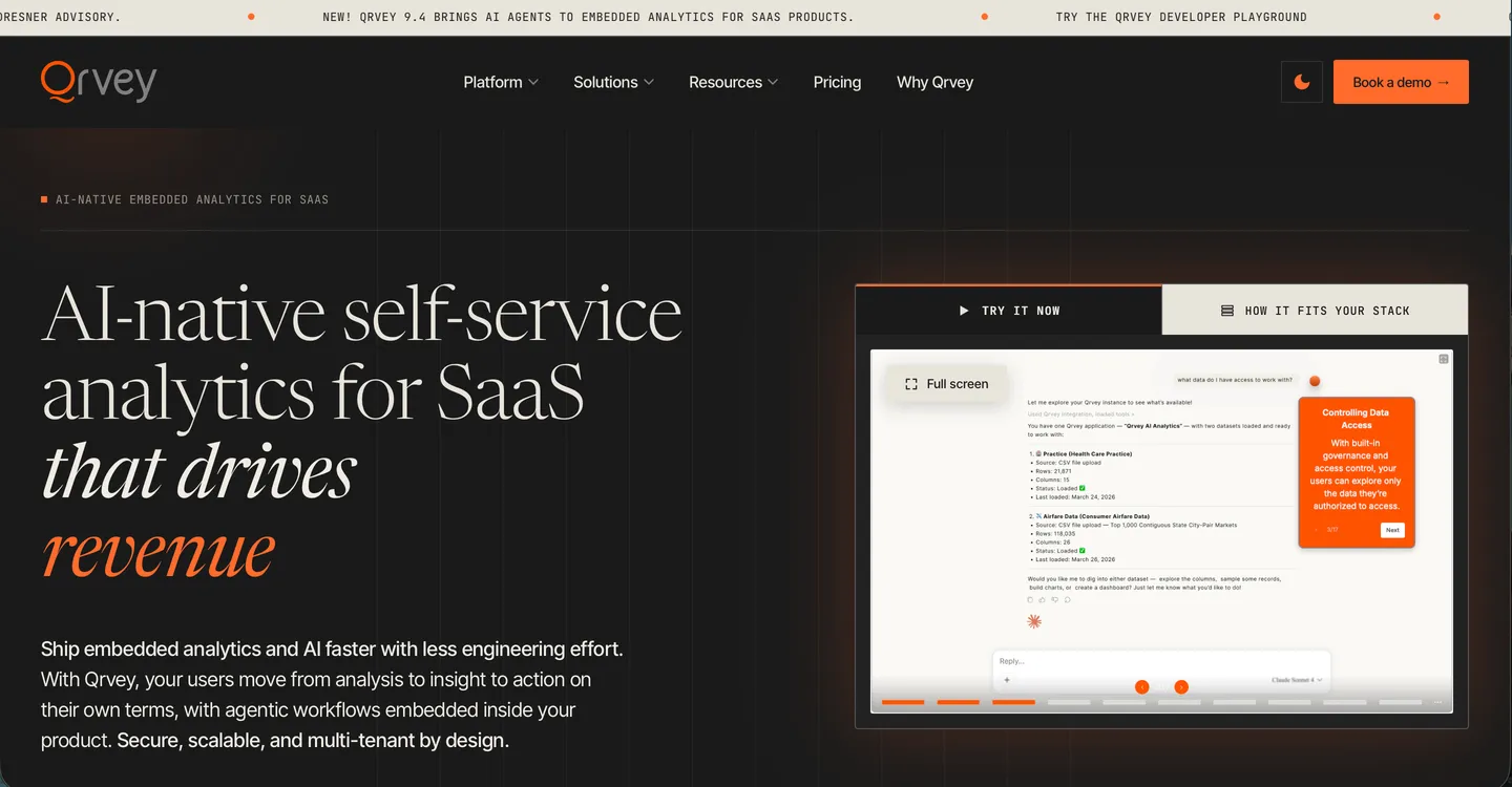 Qrvey AI-native self-service analytics for SaaS homepage