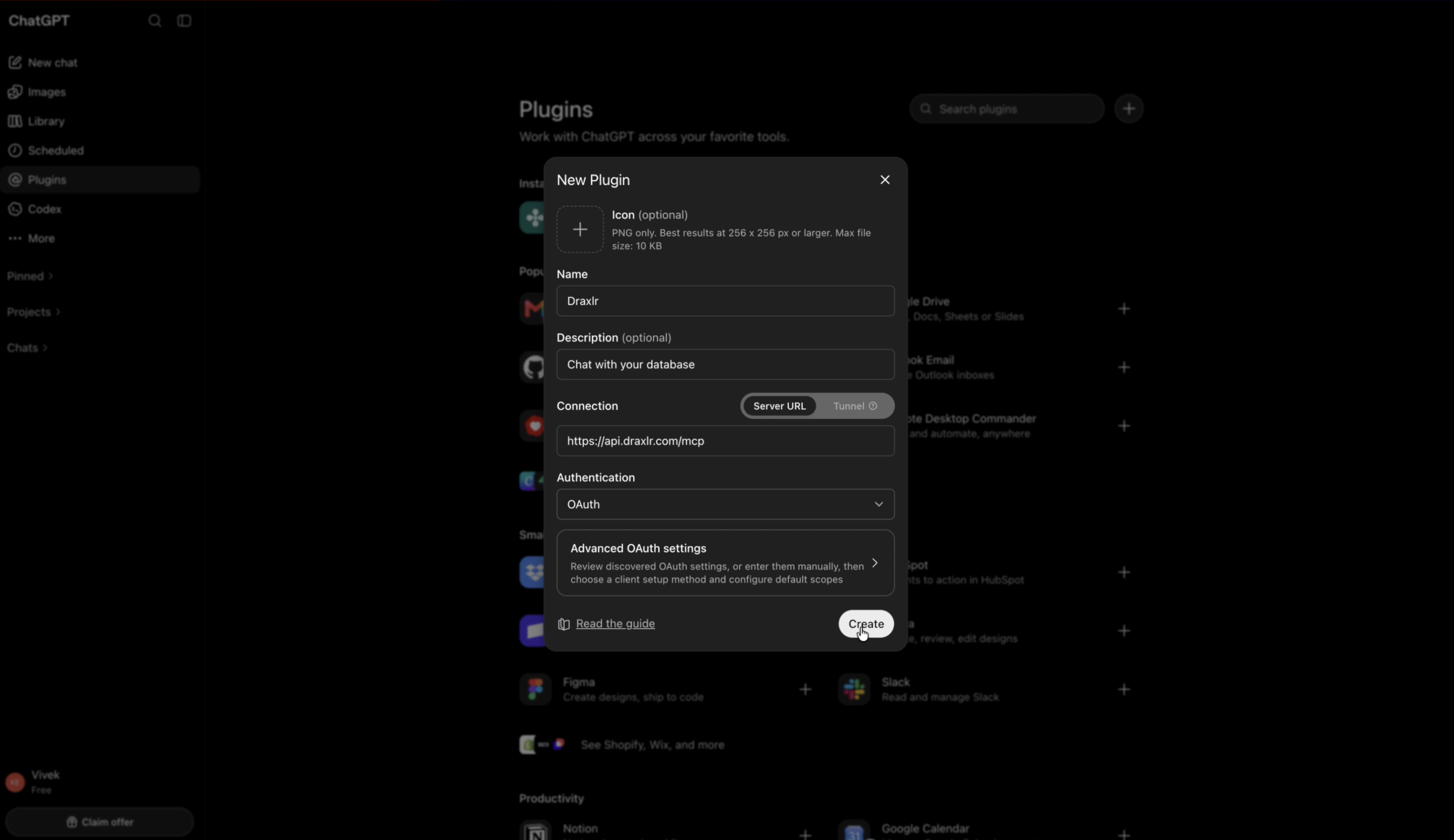 The New Plugin dialog in ChatGPT with the name Draxlr, the description Chat with your database, Server URL https://api.draxlr.com/mcp and OAuth authentication selected