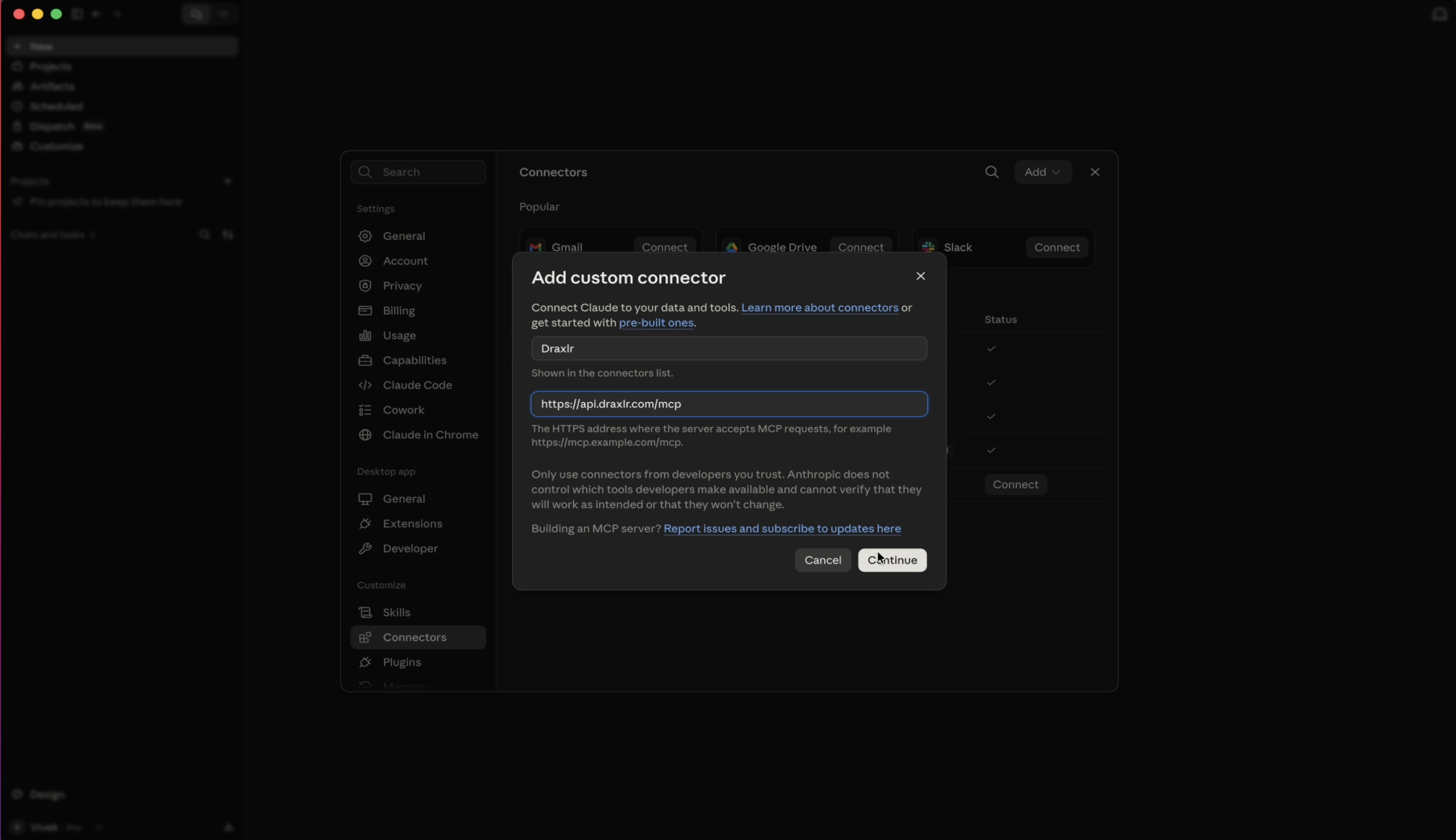 The Add custom connector dialog in Claude with the name set to Draxlr and the MCP server URL https://api.draxlr.com/mcp entered