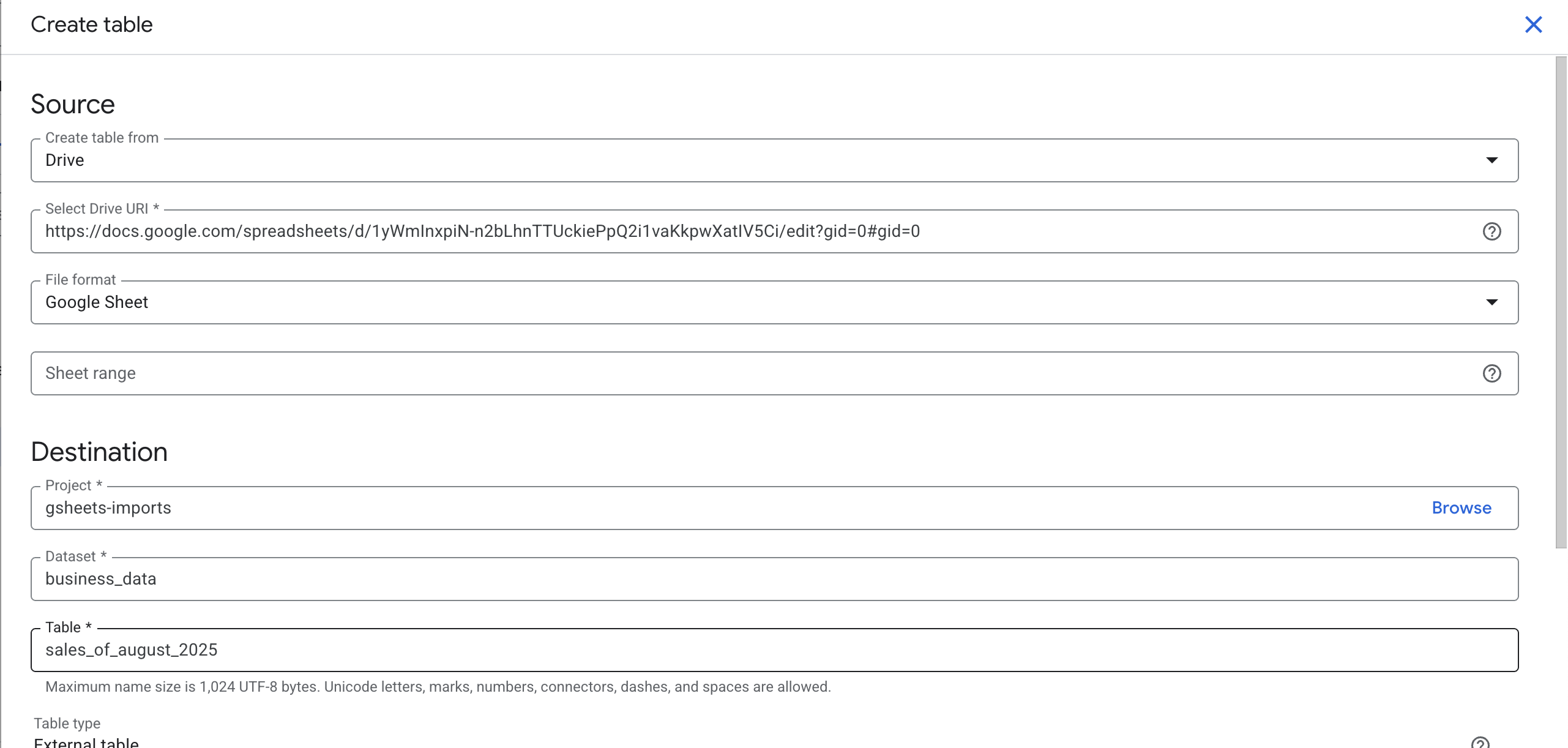 Adding Google Sheets to BigQuery