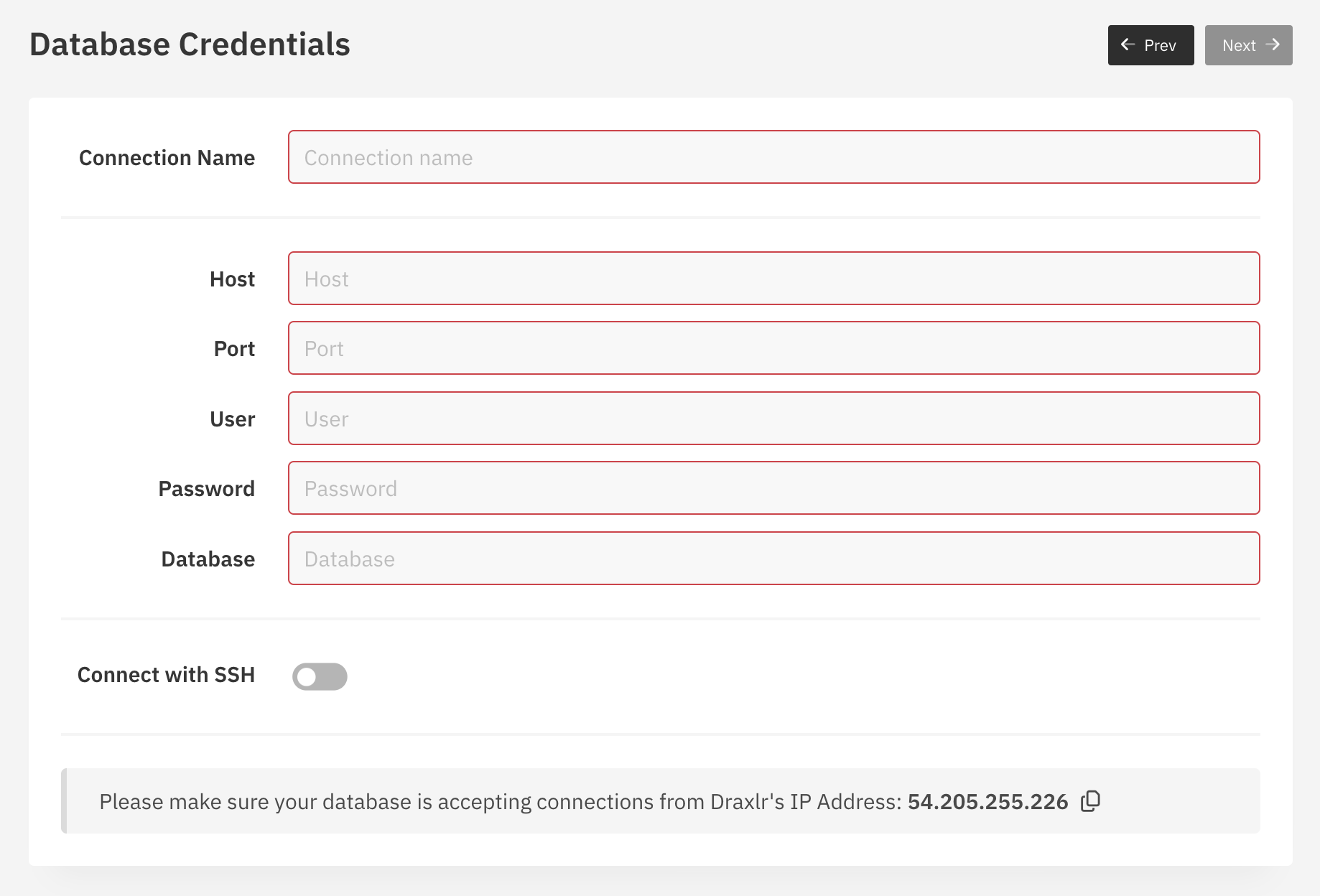 Draxlr ClickHouse credential form