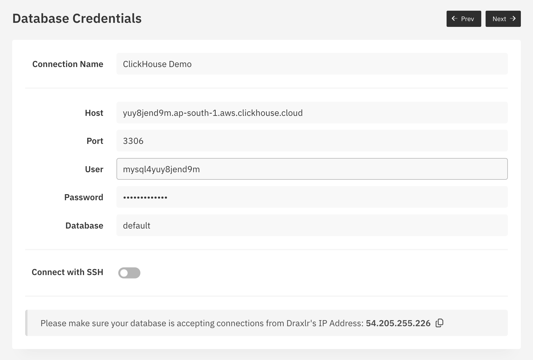 Draxlr ClickHouse credential form filled