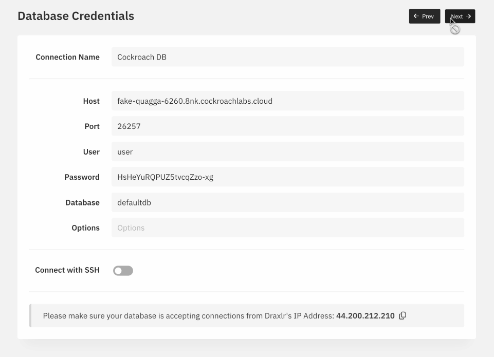 Draxlr Enter Credentials Cockroach