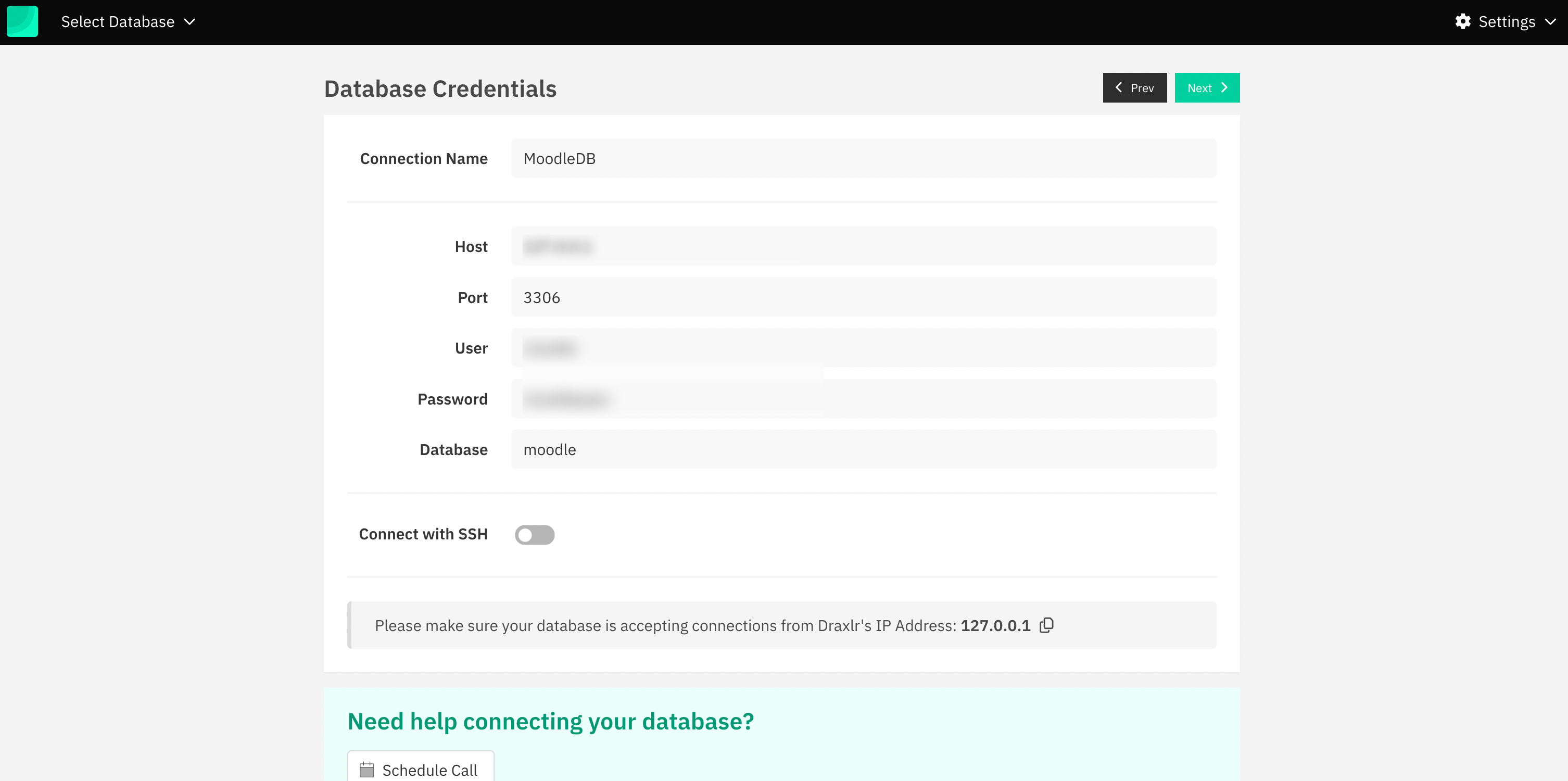 Draxlr Database Credentials