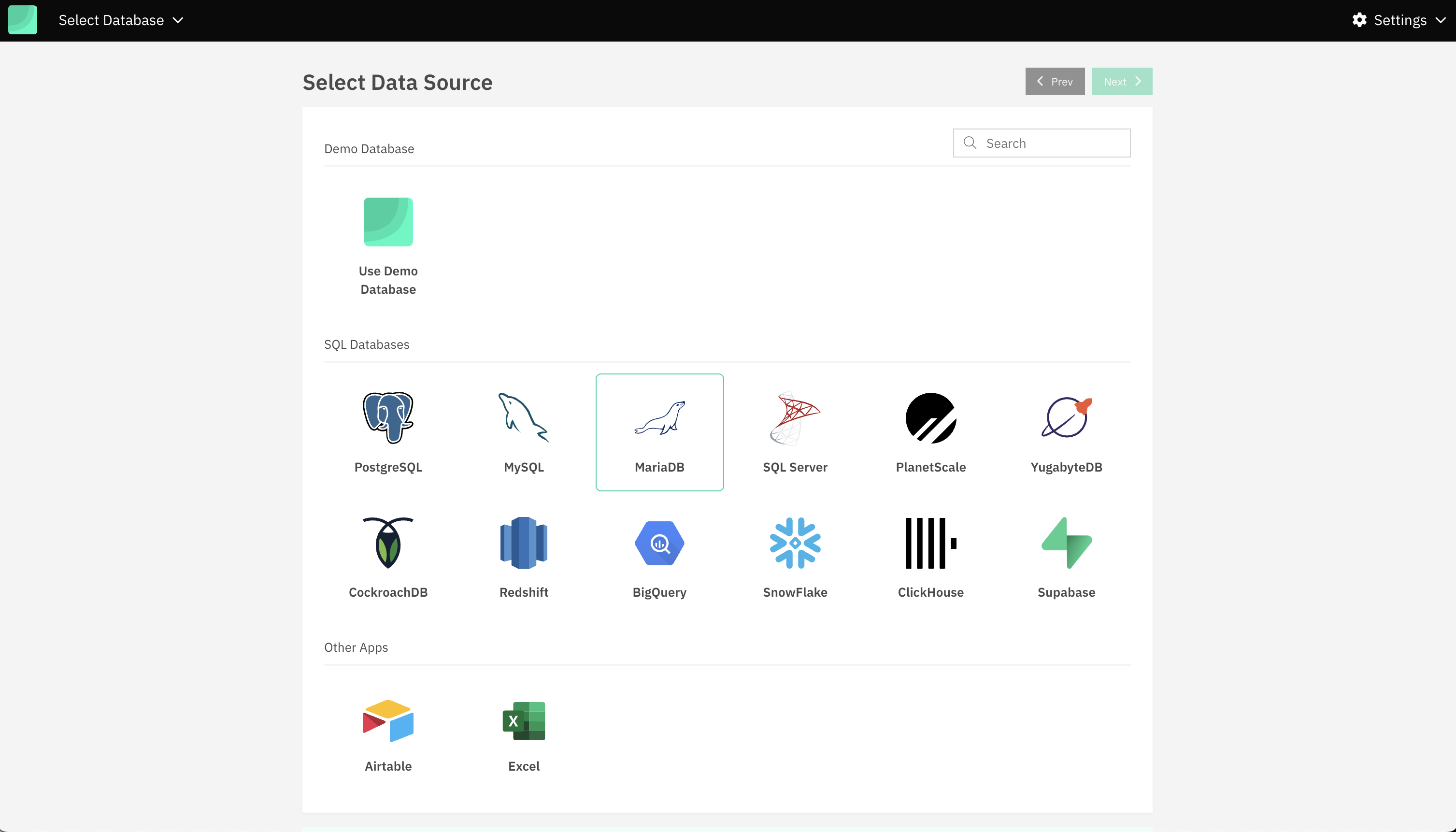 Draxlr Select database type