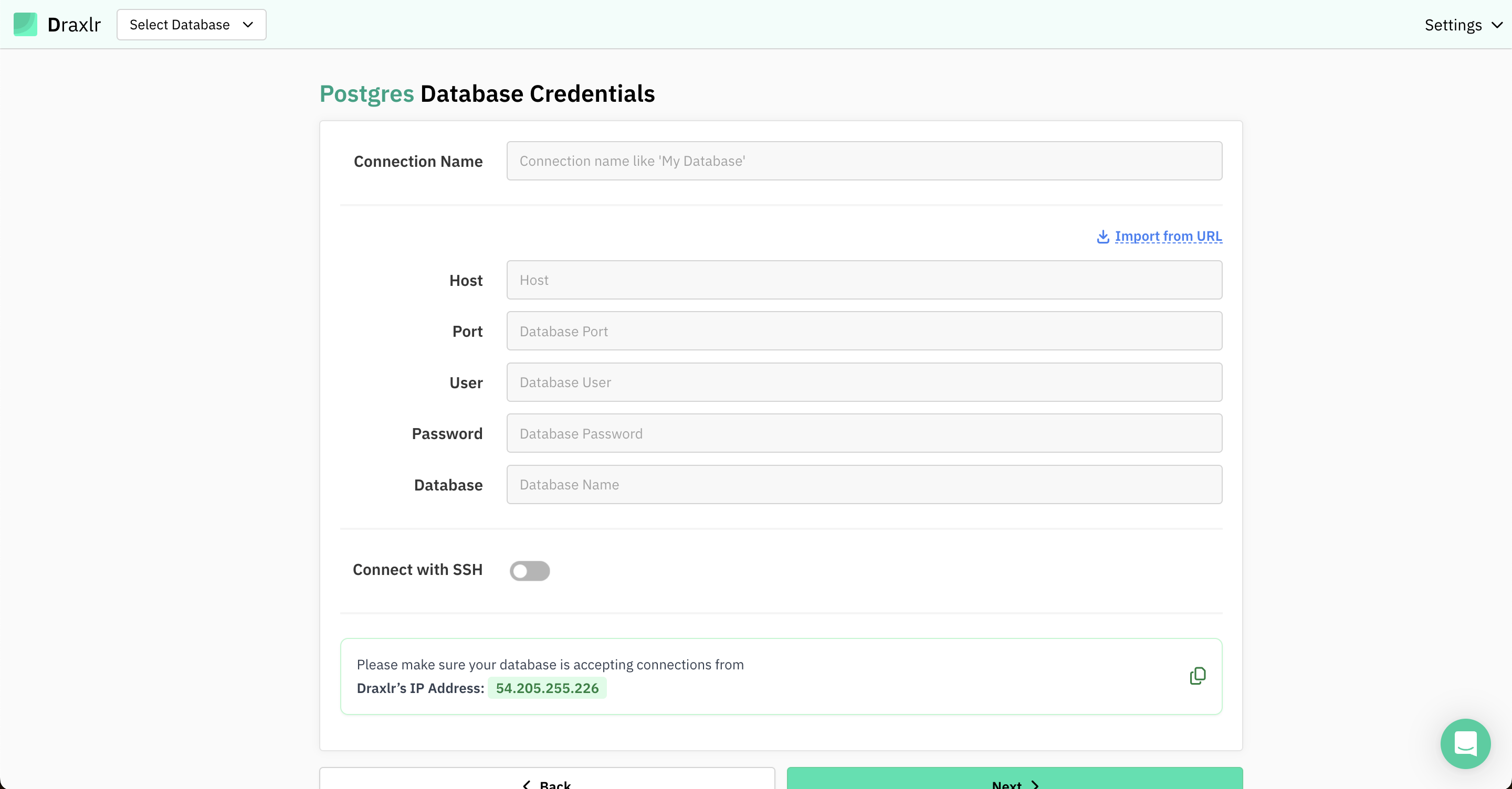 Draxlr PostgreSQL DB Credentials