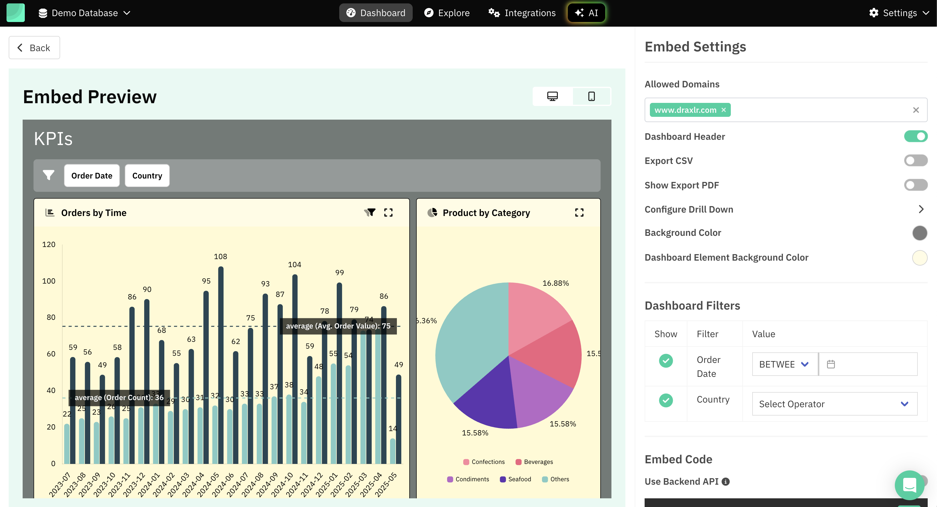 Draxlr Embed Settings