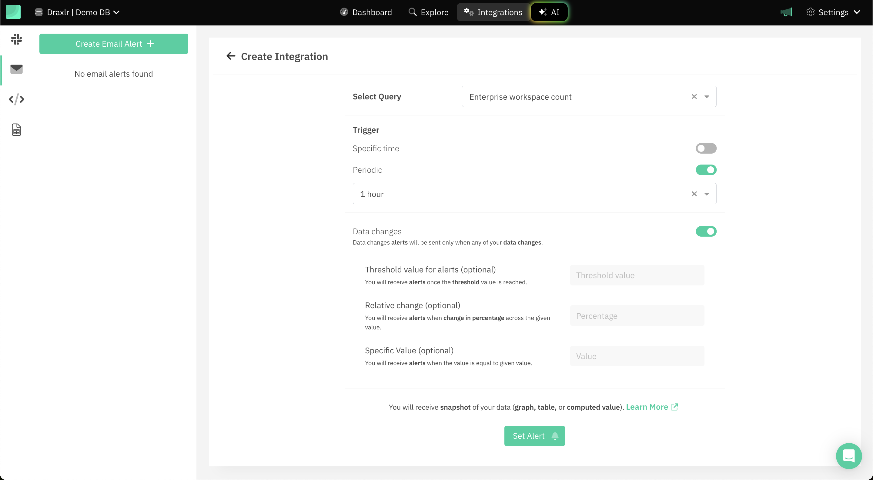 Draxlr alert trigger settings for data changes, threshold value, relative change and specific value