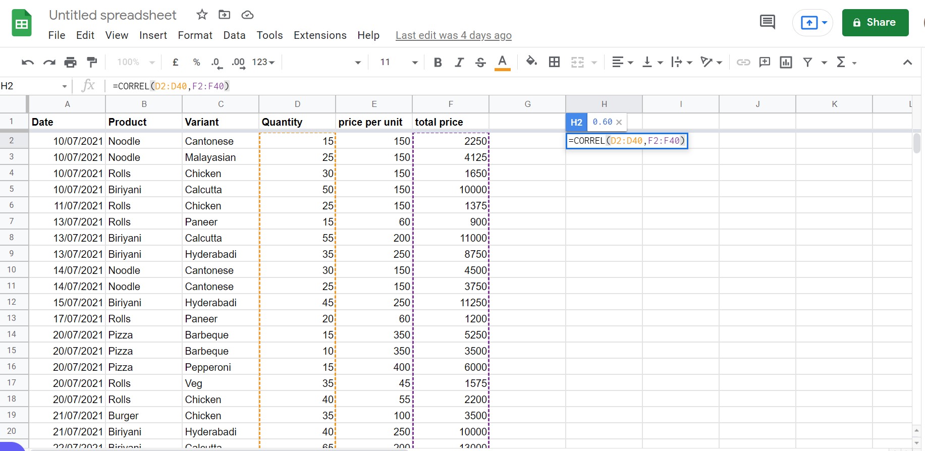 Google Sheets Correlation Coefficient function